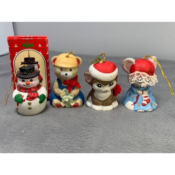 Vintage Russ Jasco Christmas Hanging Bell Ornaments 90s Snowman Bear Cat & Girl - Picture 1 of 16